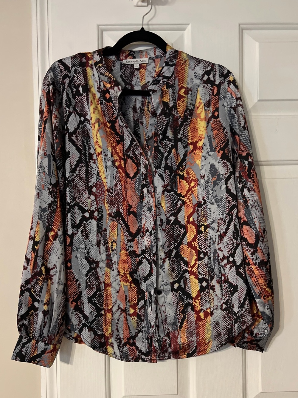 Striped Snake-Print Button-Front Blouse in Gray, Rust & Yellow